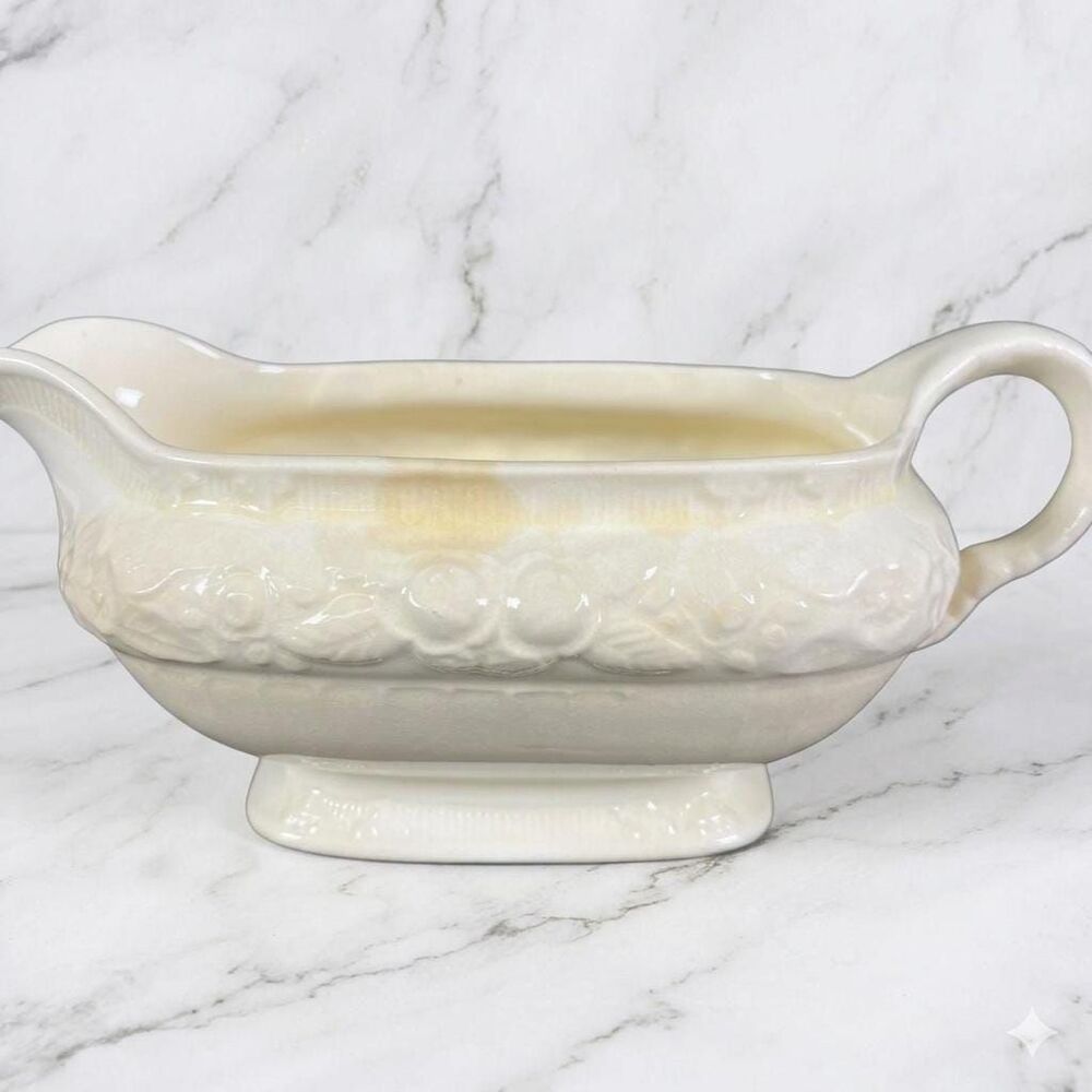 Vintage Homer Laughlin Cream Gravy Boat Floral Embossed Footed H40 N 8